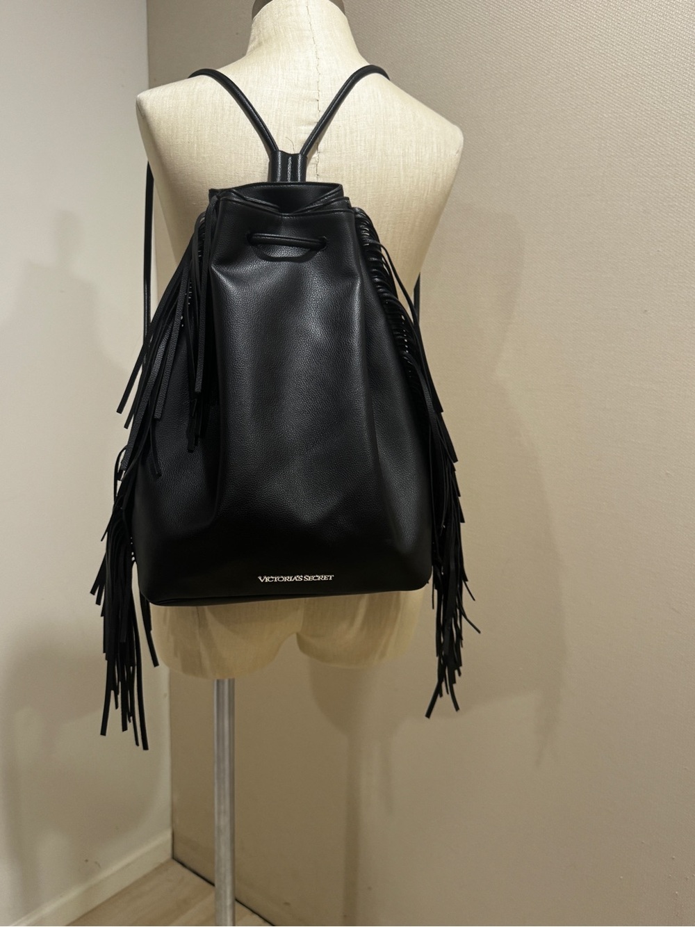 Victoria's Secret Black Fringe Drawstring Backpack